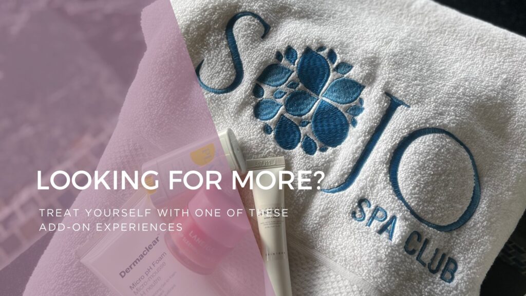 SoJo Spa Club towel with skincare products on top